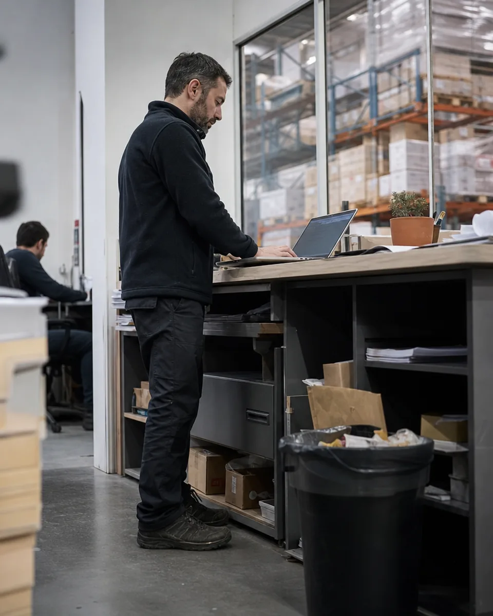 Wholesale distributor reviewing a large online order at a desk beside the warehouse