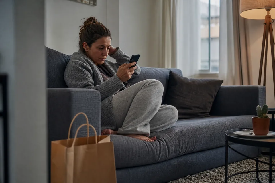 Person reading an email on her phone on a sofa