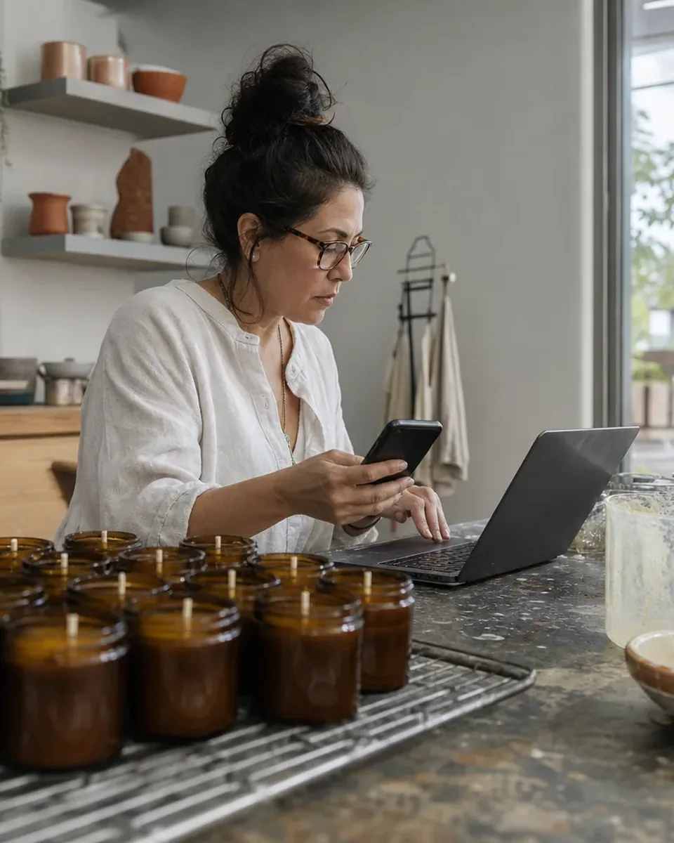 Candle maker comparing SMS app options on a laptop at her pouring workbench