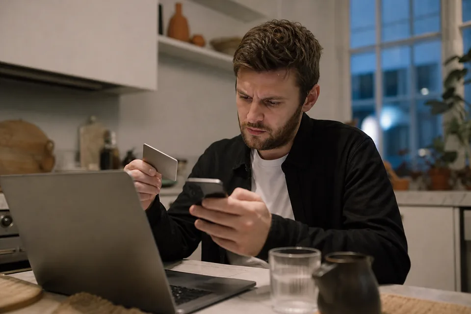 Person looking at a declined card payment on the phone with a bank card in hand