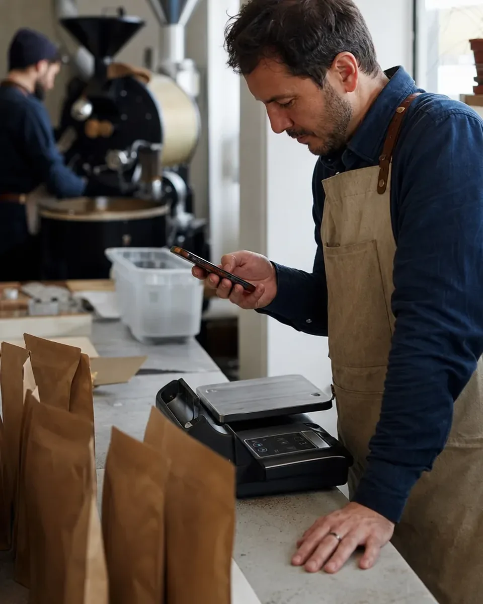 Coffee roaster checking customer text replies on his phone beside bags of roasted beans