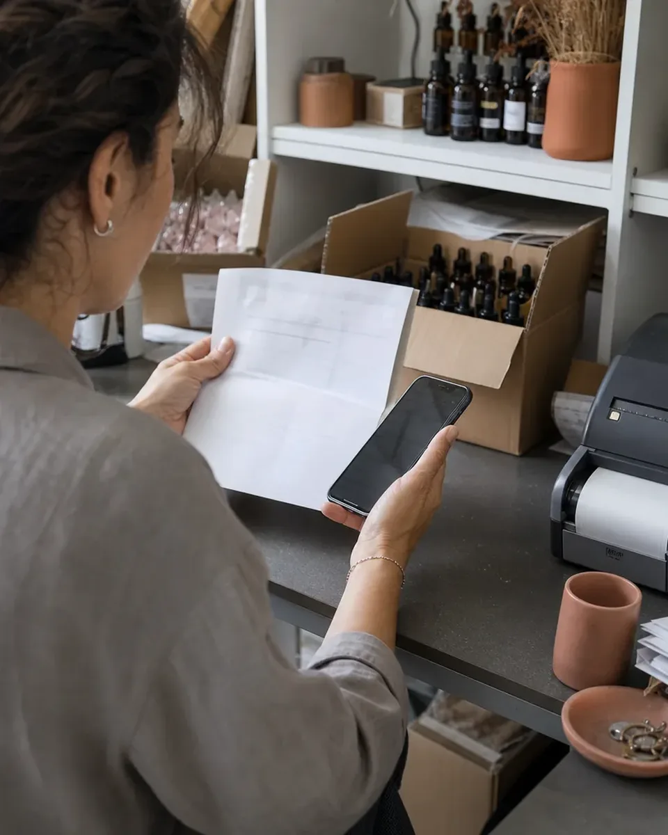 Ecommerce marketer checking a monthly messaging bill against her phone in a skincare brand back office