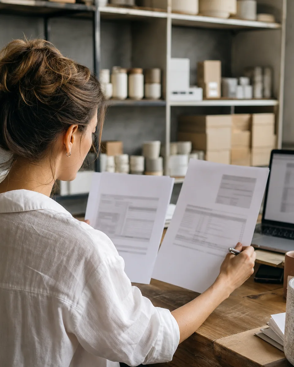 Store owner comparing two monthly software invoices at her stockroom desk