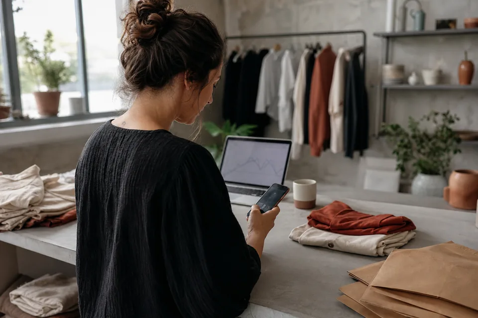 Store owner at a studio workbench glancing at an order alert on her phone, laptop with sales charts beside her